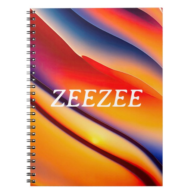 Caderno Espiral Abstrato vermelho, laranja e azul ondulado (Frente)