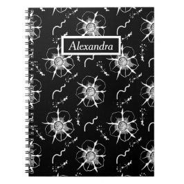 Caderno Espiral Abstrato White Line Art Flowers On Black Notebook