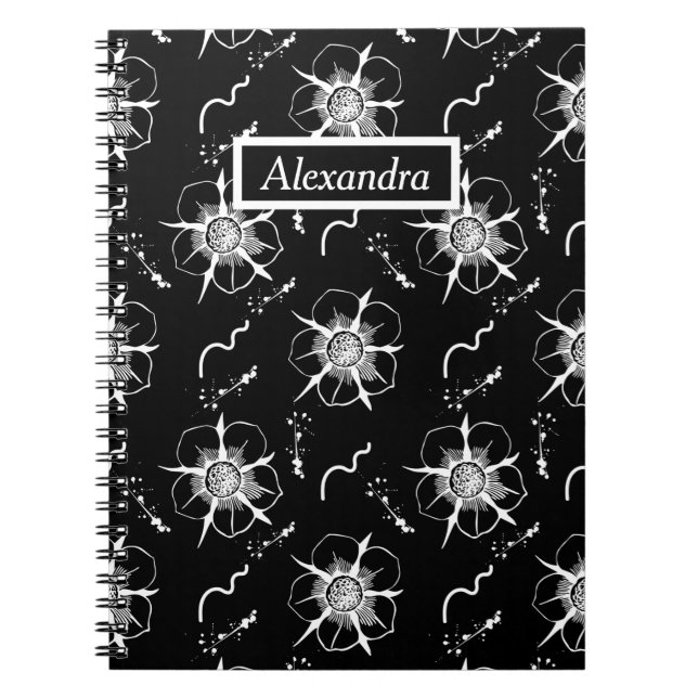 Caderno Espiral Abstrato White Line Art Flowers On Black Notebook (Frente)