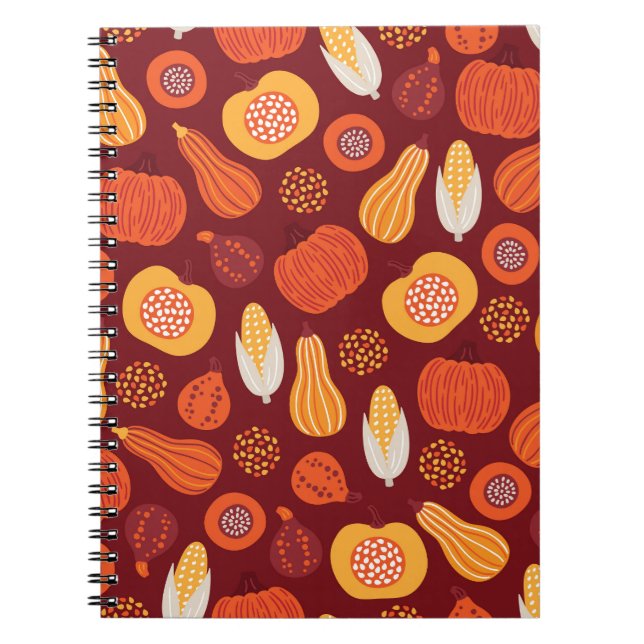 Caderno Espiral Ação de Graças Pumpkin Brown Seamless Pattern. (Frente)