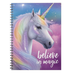 Caderno Espiral Acredita no Magic Pastel Rainbow Glitter Unicorn