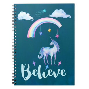 Caderno Espiral Acredite com um unicórnio da aguarela sob um