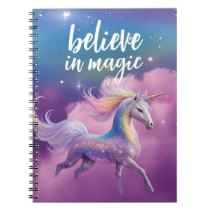 Caderno Espiral Acredite em magia fantasia cósmica do Unicórnio