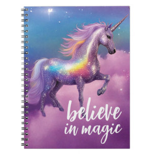 Caderno Espiral Acredite em Magic Rainbow Glitter Unicorn Fantasy