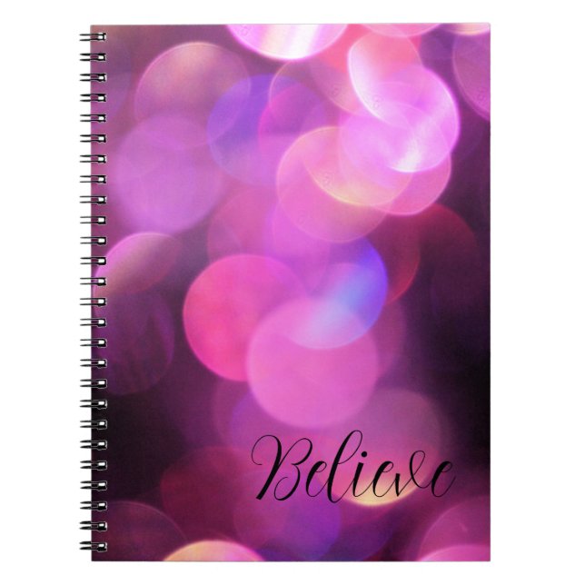 Caderno Espiral "Acredite" Script Preto, Diário Roxo Sparkles (Frente)