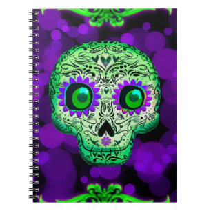 Caderno Espiral Açúcar Crânio de Halloween Verde e Roxo Brilhante 