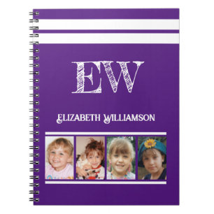 Caderno Espiral Adicionar nome de iniciais 4 fotos em branco roxo
