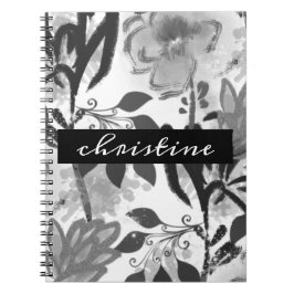 Caderno Espiral Adicionar Nome de Script | Padrão botânico preto