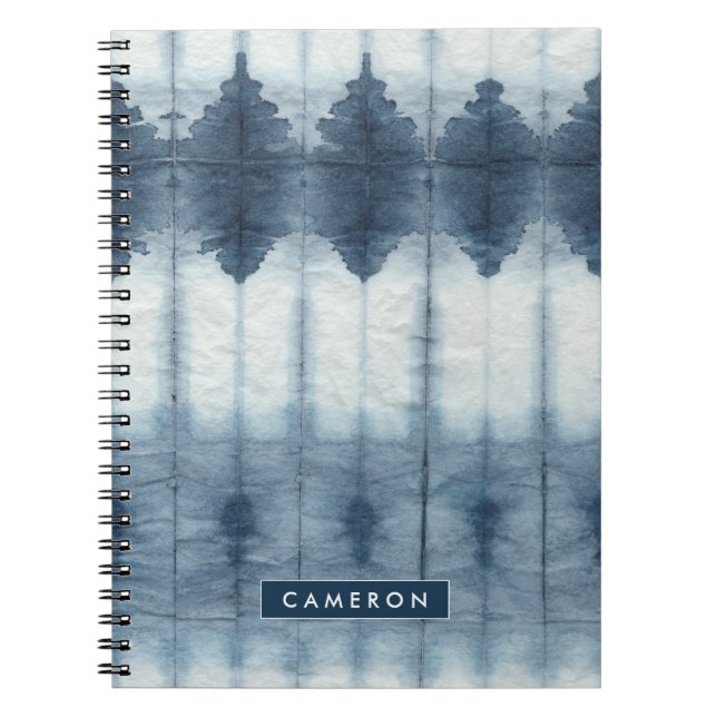 Caderno Espiral Adicione seu nome | Shibori Indigio Impressão (Frente)