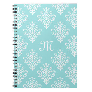 Caderno Espiral Adorável Azul Aqua e Damasco Branco com Monograma