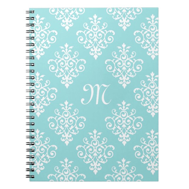 Caderno Espiral Adorável Azul Aqua e Damasco Branco com Monograma (Frente)