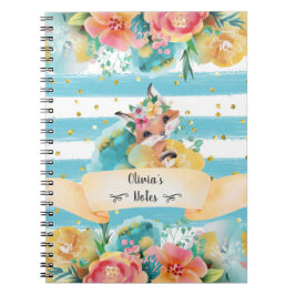 Caderno Espiral Adorável Fox Watercolor Delicate Flowers Diary