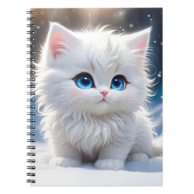 Caderno Espiral Adorável Gato Branco Fofo Olhos Azuis Bochechas Ro (Frente)