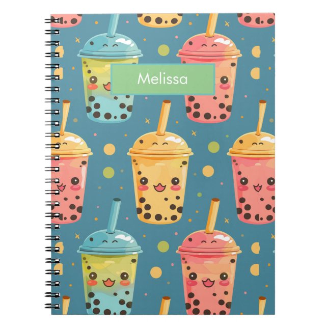 Caderno Espiral Adorável Kawaii Boba Drink Design (Frente)