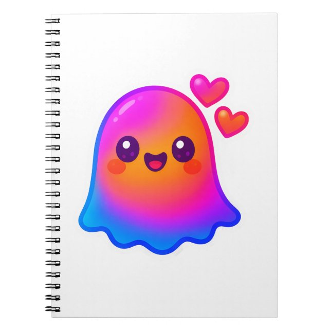 Caderno Espiral Adorável Neon Kawaii Ghost com brilho gradiente e (Frente)