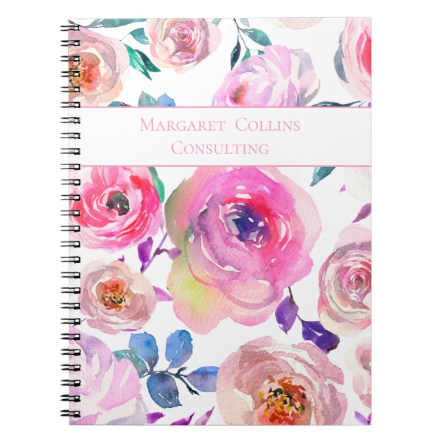 Caderno Espiral Adorável Padrão Floral Rosa e Roxo (Frente)