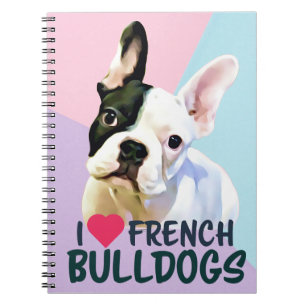 Caderno Espiral Adoro Bulldog Francês Rosa, Lilac. Notebook azul