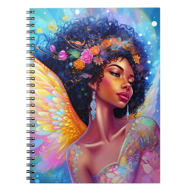 Caderno Espiral África-americana Angel Lady Fantasy Art (Frente)