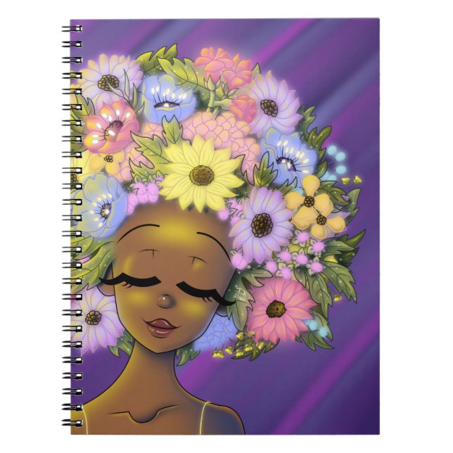 Caderno Espiral African American Woman Flower Hair Glow (Frente)