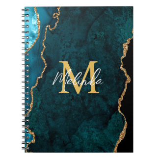 Caderno Espiral Ágata Marmore Azul Teal e Dourado