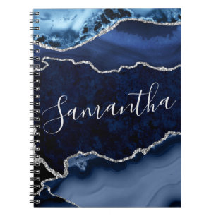 Caderno Espiral Ágata Mármore Brilho Azul e Prata Falsa