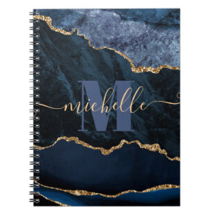 Caderno Espiral Ágata Mármore Brilho Falso Azul e Dourado