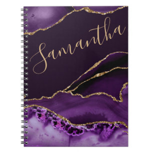 Caderno Espiral Ágata Mármore Brilho Roxo e Dourado Falso