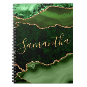 Caderno Espiral Ágata Mármore Brilho Verde e Ouro Falso