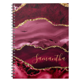 Caderno Espiral Ágata Mármore com Brilho Dourado Falso e Vermelho