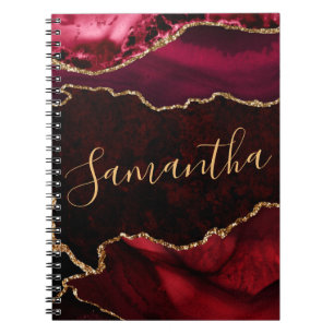 Caderno Espiral Ágata Marmore Glitter Vermelho e Dourado Falso