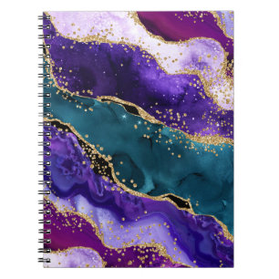 Caderno Espiral Ágata Pavão com Brilho Rosa, Roxo e Azul Turquesa