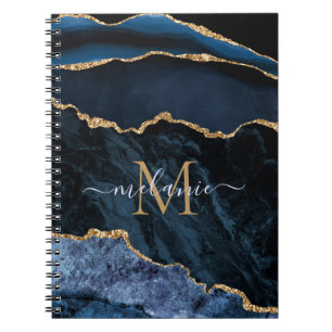 Caderno Espiral Agate Marinho Blue Gemstone Marble Monograma Nome