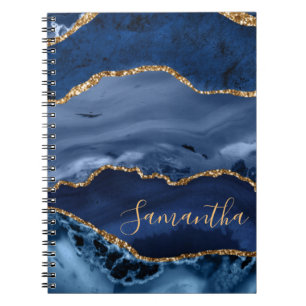 Caderno Espiral Agato de mármore azul-marinho e azul-claro-Dourado