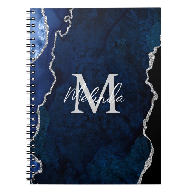 Caderno Espiral Agato de mármore marinho azul e prata (Frente)