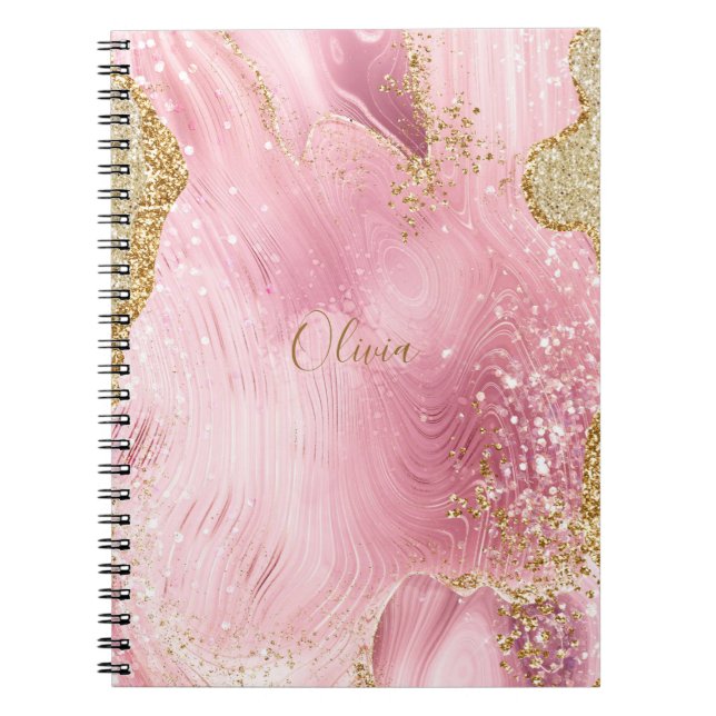 Caderno Espiral Agato Rosa Personalizado com Brilho Dourado (Frente)