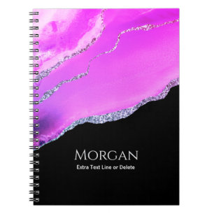 Caderno Espiral Agato Roxo, Brilho Prateado, Nome e Texto em Preto