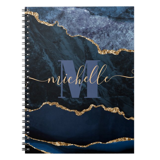 Caderno Espiral Agitação de mármore azul e falso Dourado (Frente)