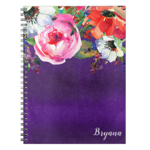 Caderno Espiral Água Brilhante Floral Roxo Chique Festa Personaliz