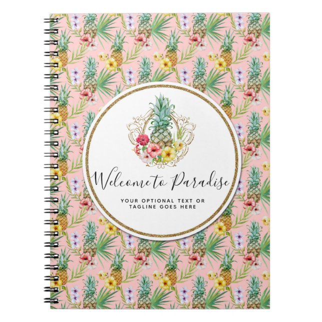 Caderno Espiral Água-forte Tropical de Flores de Abacaxi & Hibisco (Frente)