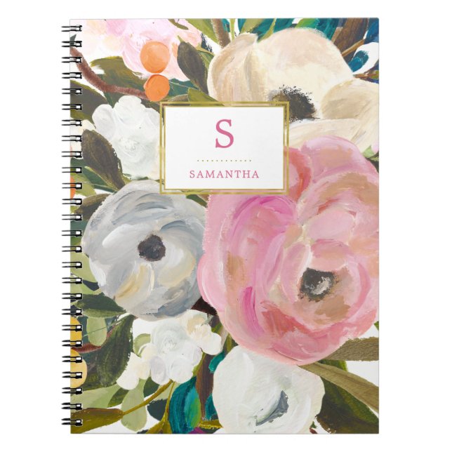 Caderno Espiral Aguarela floral delicada com monograma (Frente)