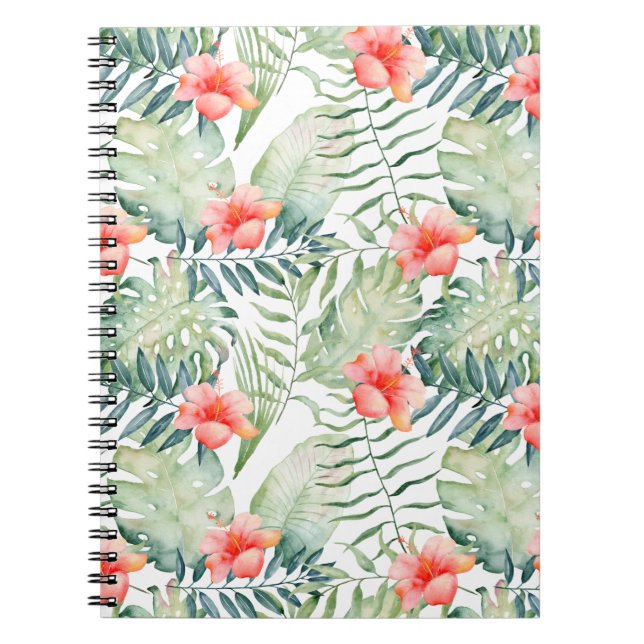 Caderno Espiral Aguarela floral do hibiscus tropical das folhas (Frente)