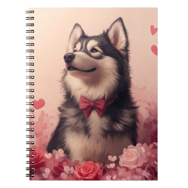 Caderno Espiral Alaskan Malamute com Rosas - Dia de os namorados (Frente)