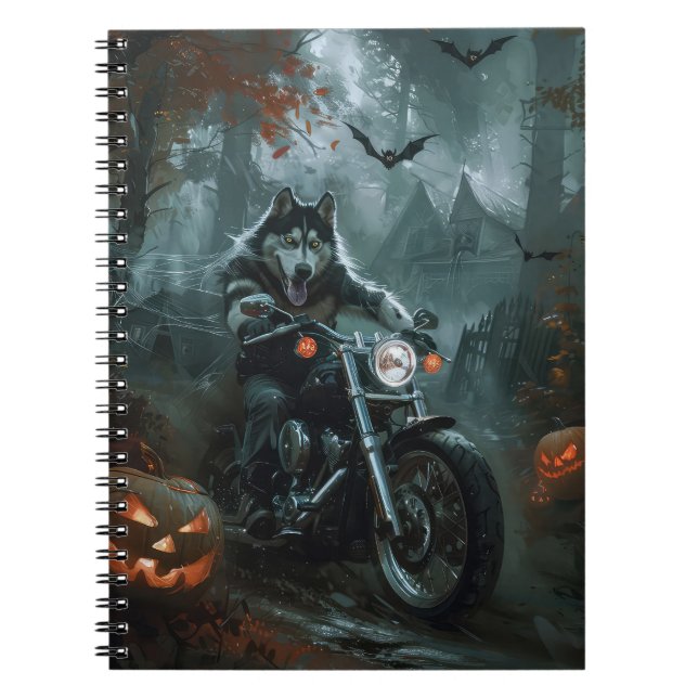 Caderno Espiral Alaskan Malamute Dirigindo Motocicleta Assustador (Frente)
