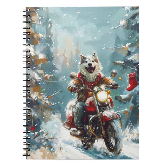 Caderno Espiral Alaskan Malamute Dog Dirigindo Motocicleta Natal (Frente)