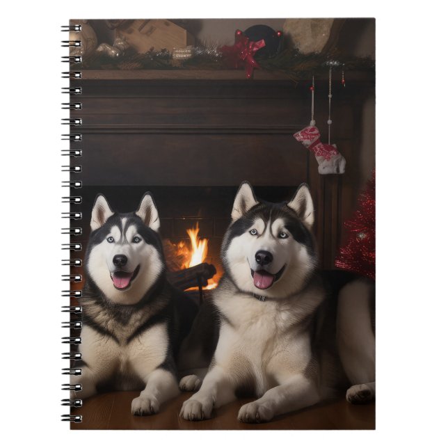 Caderno Espiral Alaskan Malamute na Lareira de Natal (Frente)
