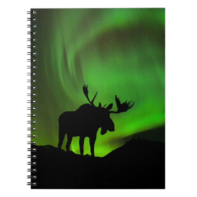 Caderno Espiral Alce com Aurora Verde Borealis, Alasca (Frente)