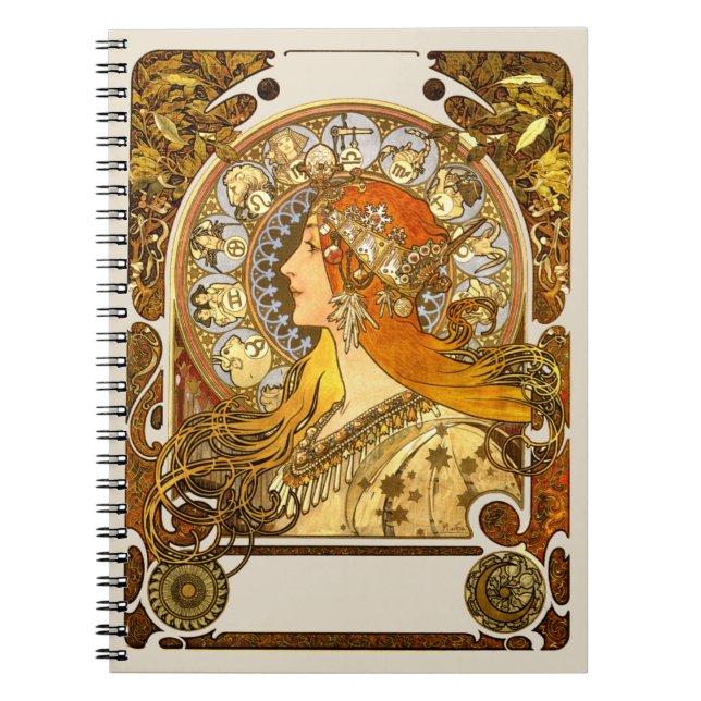 Caderno Espiral Alfonse Mucha Zodiac Art Nouveau Mulher (Frente)