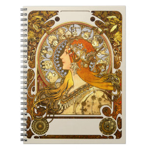 Caderno Espiral Alfonse Mucha Zodíaco Arte Nova Mulher