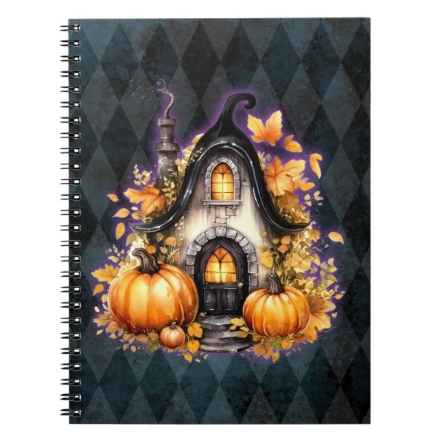 Caderno Espiral Algodão De Fada Gótica De Halloween Azul Argyle (Frente)