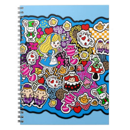 Caderno Espiral Alice Wonderland Mad Hatter Cat Doodle Art de Leah
